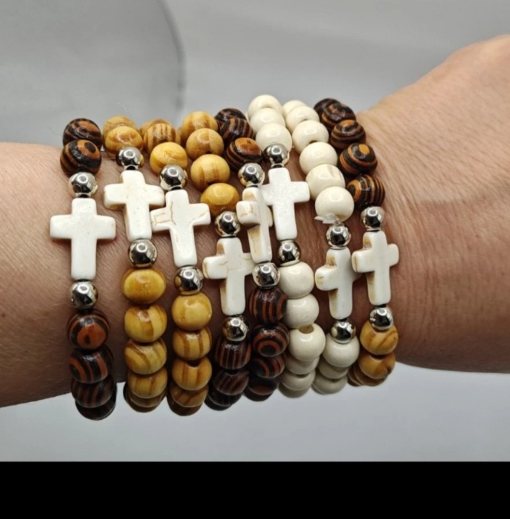 Stacked Beaded Cross Stretch Bracelets White Tan Brown Christian Religious